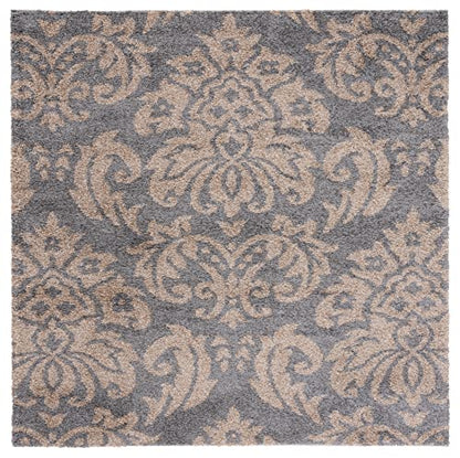 SAFAVIEH Florida Shag Collection Area Rug - 4' Square, Grey & Beige, Damask Design, Non-Shedding & Easy Care, 1.2-inch Thick Ideal for High Traffic Areas in Living Room, Bedroom (SG460-8013)