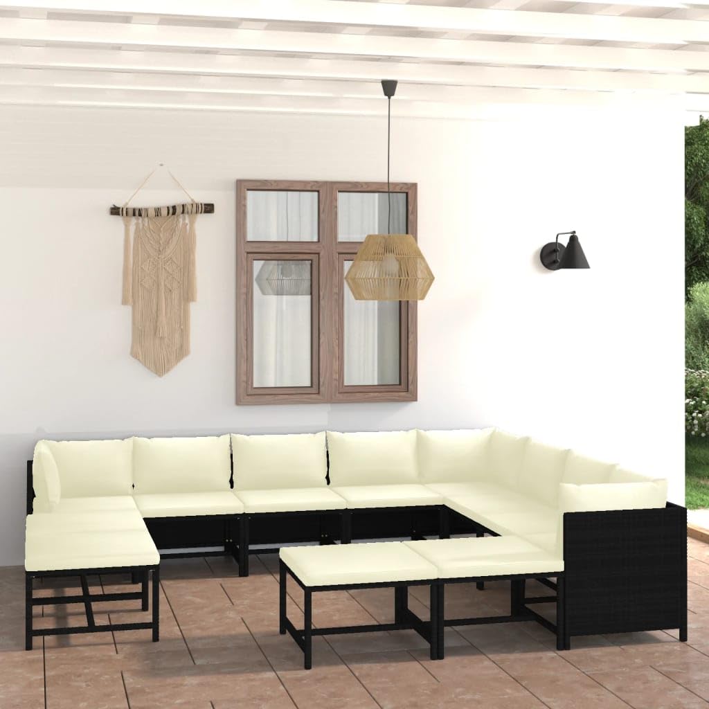 12-Piece Modular Garden Lounge Set Black and Cream White Synthetic Poly Rattan Outdoor Patio Furniture for Deck Porch Balcony and Backyard Seating