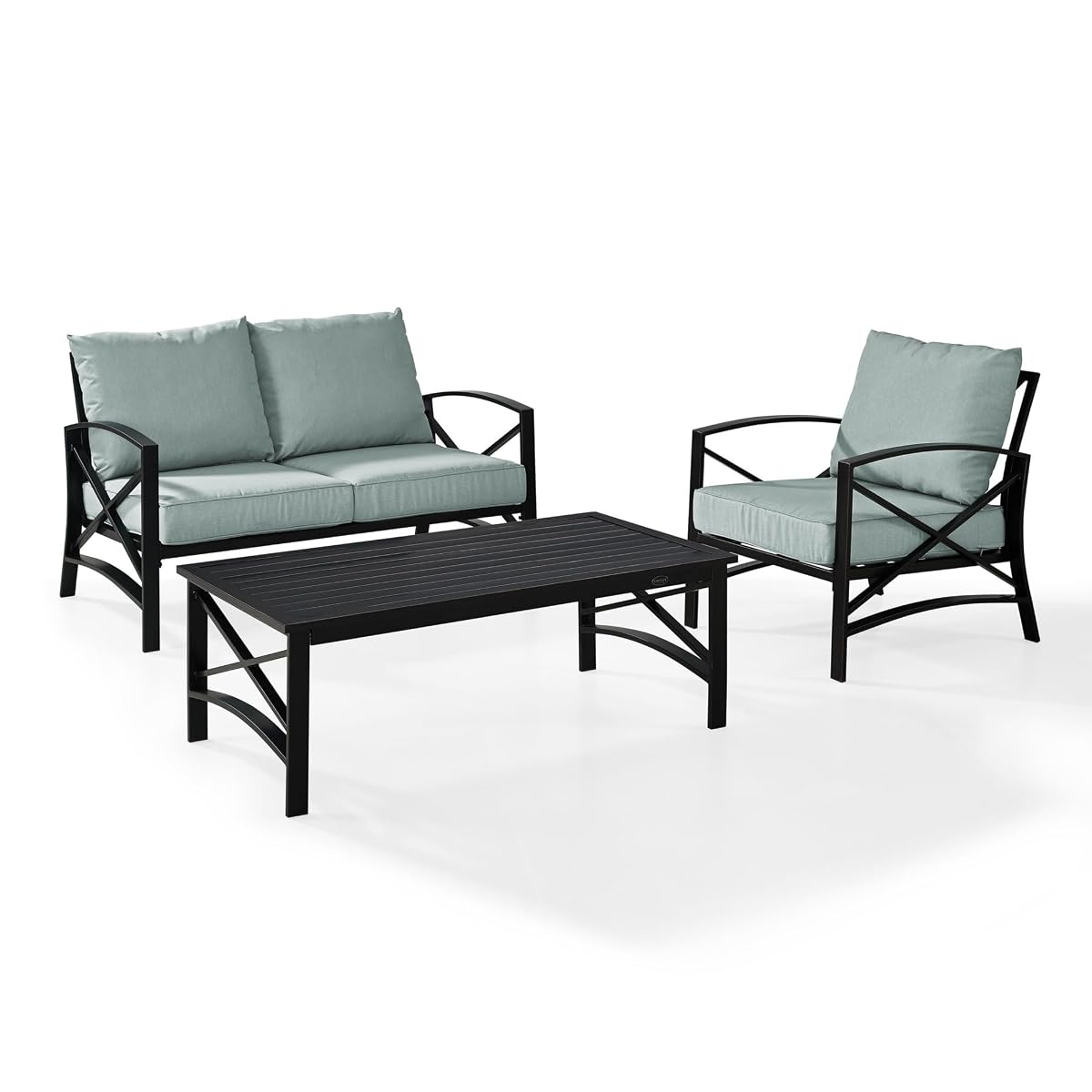 Crosley Furniture KO60014BZ-MI Kaplan Outdoor Metal 3-Piece Seating Set (Loveseat, Arm Chair, Coffee Table), Oiled Bronze with Mist Cushions