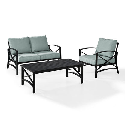 Crosley Furniture KO60014BZ-MI Kaplan Outdoor Metal 3-Piece Seating Set (Loveseat, Arm Chair, Coffee Table), Oiled Bronze with Mist Cushions
