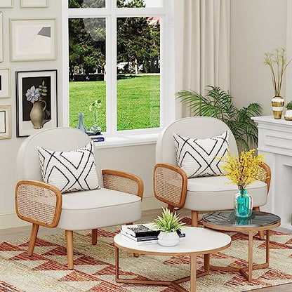 Mid Century Modern Accent Chair Armchair with Rattan Arms Upholstered Rattan Boho Accent Chair for Living Room Bedroom Balcony Faux Leather Reading Chairs Side Club Chair Beige