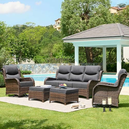 Luxury High Back Patio Furniture Set with 6-Inch Thick Cushion, 5-Piece Outdoor Conversation Set with Sofa, Swivel Rocker Chairs & Ottomans, Ideal for Porch Pool Deck Yard (Dark Grey)