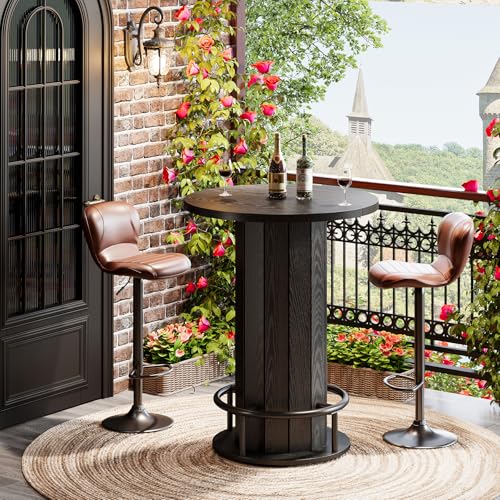 Tribesigns Round Bar Table, 39.4" H Wood Bistro Pub Table with Metal Ring Footrest for Dining Coffee Cocktail Living Room, Small Space, Black (Only Table)