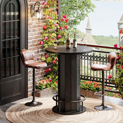 Tribesigns Round Bar Table, 39.4" H Wood Bistro Pub Table with Metal Ring Footrest for Dining Coffee Cocktail Living Room, Small Space, Black (Only Table)
