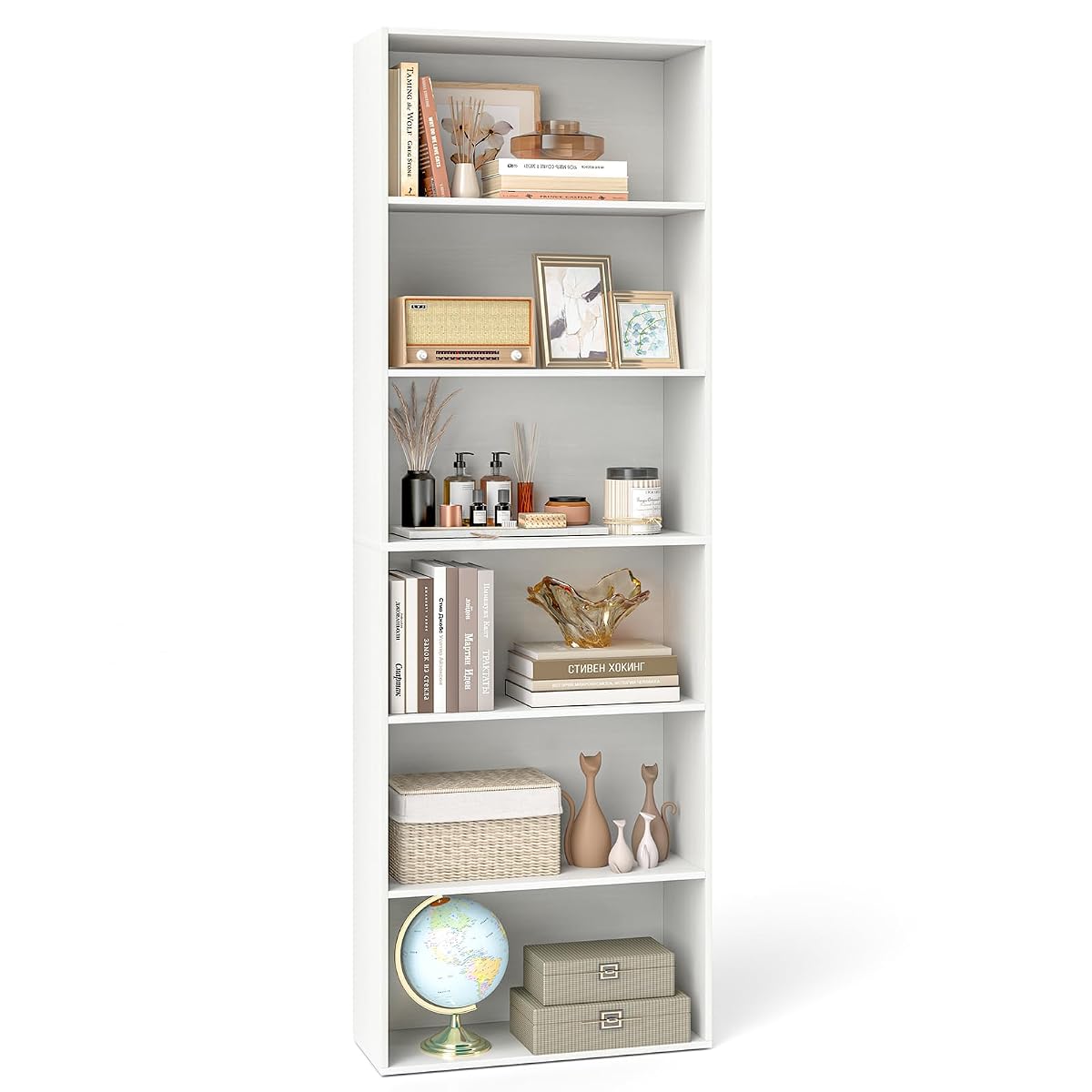 6-Tier Bookcase, 70” Tall Freestanding Bookshelf with 6 Open Shelves, Anti-Toppling Kits, Floor Display Storage Organizer for Living Room, Study, Kitchen, Home & Office (White, 70" H)