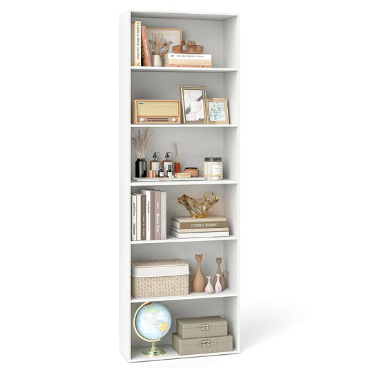 6-Tier Bookcase, 70” Tall Freestanding Bookshelf with 6 Open Shelves, Anti-Toppling Kits, Floor Display Storage Organizer for Living Room, Study, Kitchen, Home & Office (White, 70" H)