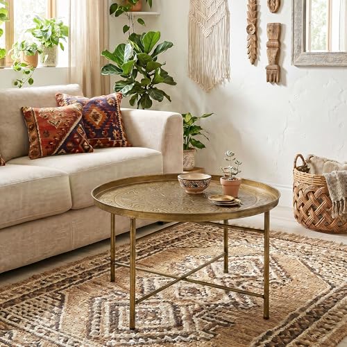 24" Round Coffee Table with Hammered Tray Top, Vintage Metal Center Table for Living Room, Bedroom, Side Table, Gold