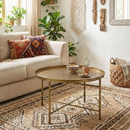24" Round Coffee Table with Hammered Tray Top, Vintage Metal Center Table for Living Room, Bedroom, Side Table, Gold