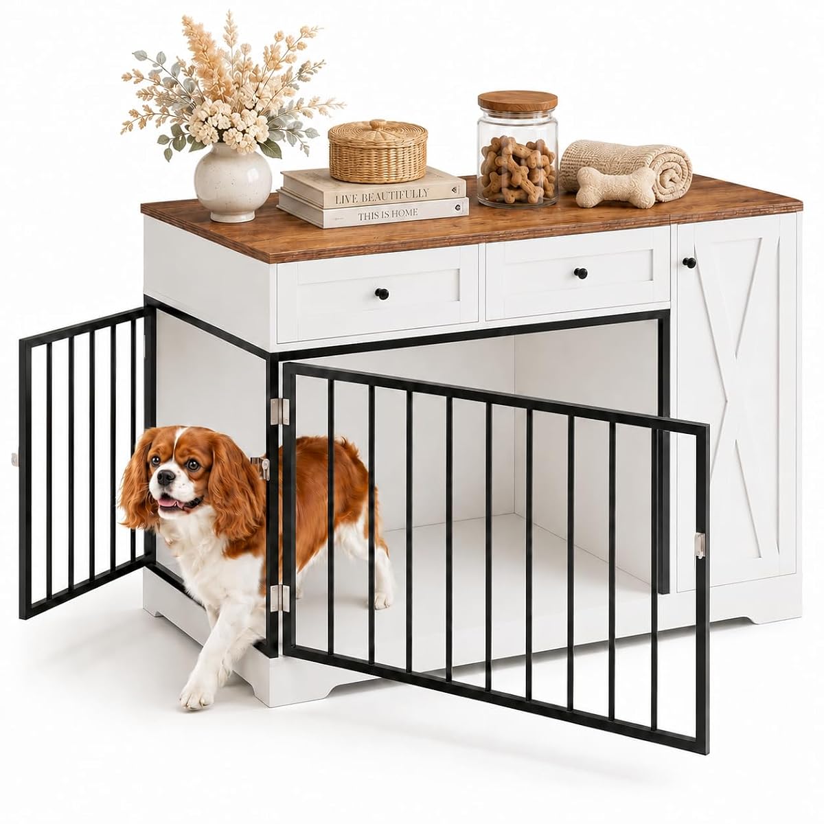 Wooden Dog Crate Furniture, Indoor Pet House with Double Doors & 2 Drawers