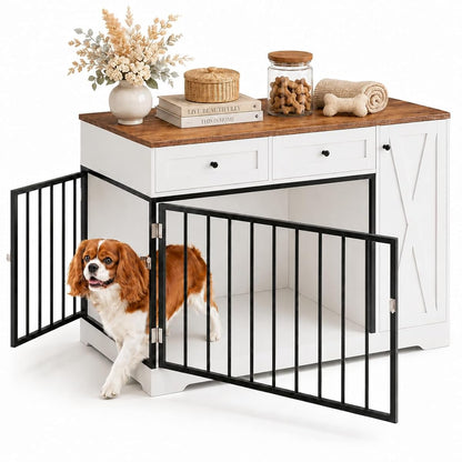 Wooden Dog Crate Furniture, Indoor Pet House with Double Doors & 2 Drawers
