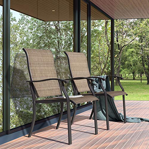 Set of 2 Patio Dining Chairs, High Back Textilene Chairs with Armrest for Indoor Outdoor Use, Iron Frame Patio Furniture Chairs for Garden Deck Backyard Kitchen Restaurant, Black and Brown