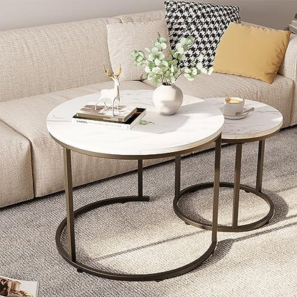 Round Nesting Coffee Table Side Table Set of 2 End Tables for Living Room Bedroom Balcony, White Faux Marble Wooden Table Accent Coffee Table with Black Steel Frame