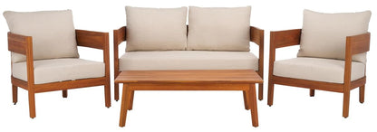 SAFAVIEH Outdoor Patio Furniture - Theo 4-Piece Set - Sand & Taupe - Acacia Wood - Conversation Set with Detachable Cushion Covers - Ideal for Patio, Deck, Porch, Backyard (PAT9511A-KIT2)