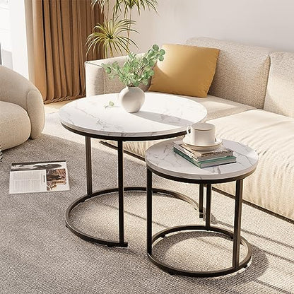 Round Nesting Coffee Table Side Table Set of 2 End Tables for Living Room Bedroom Balcony, White Faux Marble Wooden Table Accent Coffee Table with Black Steel Frame