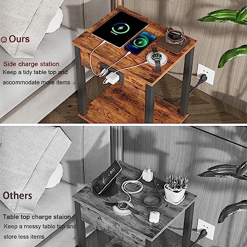 Side Table with Charging Station, Set of 2 End Tables with USB Port and Outlets, Nightstands with 2-Tier Storage Shelves, Sofa Table for Small Space, Living Room, Bedroom, Rustic Brown 102F2