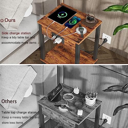 Side Table with Charging Station, Set of 2 End Tables with USB Port and Outlets, Nightstands with 2-Tier Storage Shelves, Sofa Table for Small Space, Living Room, Bedroom, Rustic Brown 102F2