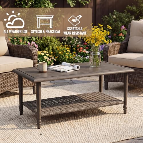 Outdoor Coffee Table Rectangular, Metal&Wicker Patio Table for Outside, Outdoor PE Wicker Coffee Table, All-Weather Coffee Side Table with Storage, Patio Furniture for Patio Balcony Porch (Brown)
