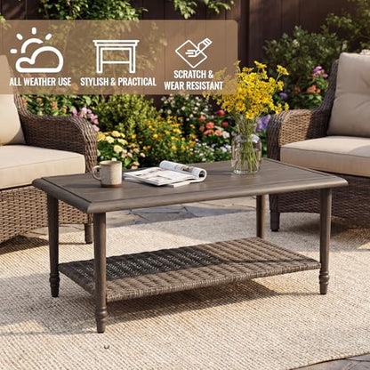 Outdoor Coffee Table Rectangular, Metal&Wicker Patio Table for Outside, Outdoor PE Wicker Coffee Table, All-Weather Coffee Side Table with Storage, Patio Furniture for Patio Balcony Porch (Brown)