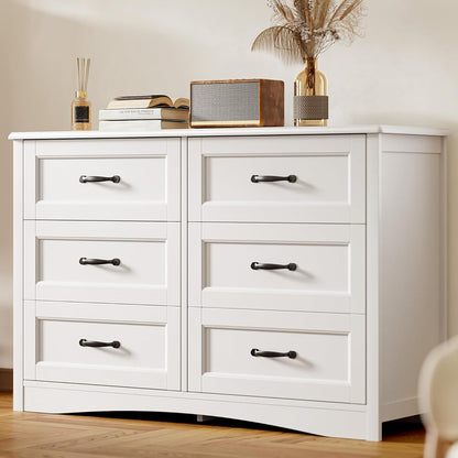 47" 6 Drawer Dresser, White Wide Chest of Drawers for Bedroom