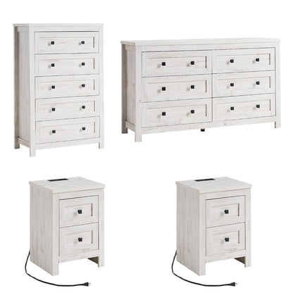 4 Pieces Farmhouse Bedroom Set, 1 X Wood Rustic 6 Drawer Storage Dresser, 1 X 5 Drawer Dresser, Nightstand Set of 2 with Charging Station, Farmhouse Bedroom Furniture Set, Rustic White