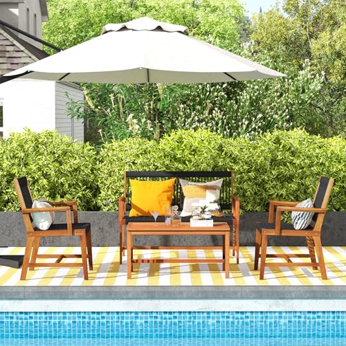 4 Pieces Patio Furniture Set Acacia Wood Conversation Set with Hand-Woven Rope Design, Ergonomic Loveseat & Single Chairs, Wooden Chair & Table Set for Porch Yard Poolside