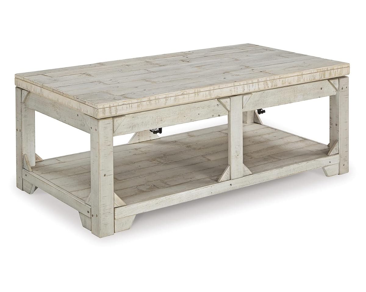 Signature Design by Ashley Fregine Farmhouse Rectangular Lift Top Coffee Table with Floor Shelf, Whitewash with Weathered Finish