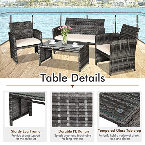 4-Piece Rattan Patio Furniture Set, Outdoor Wicker Conversation Sofa with Weather Resistant Cushions and Tempered Glass Tabletop for Lawn Backyard Pool Garden (Beige)