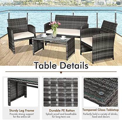 4-Piece Rattan Patio Furniture Set, Outdoor Wicker Conversation Sofa with Weather Resistant Cushions and Tempered Glass Tabletop for Lawn Backyard Pool Garden (Beige)