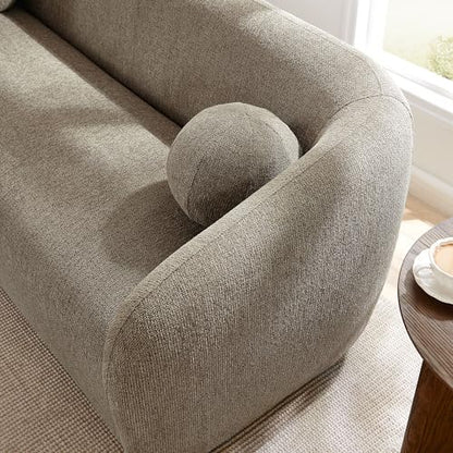 Holland 85 Inch Minimalist Curved Back Sofa in Taupe – Chenille Fabric Sofa with Ball Throw Pillows and Wood Feet – Modern 3-Seater Couch for Living Room