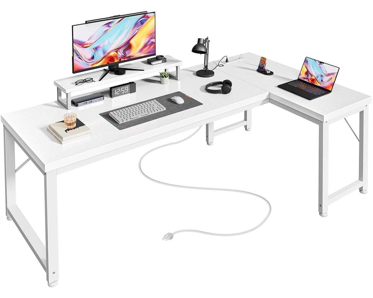 53" L Shaped Computer Desk, Power Outlets, Monitor Stand, White