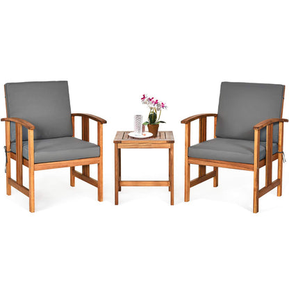 3 Pieces Patio Furniture Set, Includes Set of 2 Outdoor Acacia Wood Cushioned Chairs and Coffee Table, for Garden, Backyard, Poolside, Bistro and Deck, Patio Conversation Chat Set (Gray)