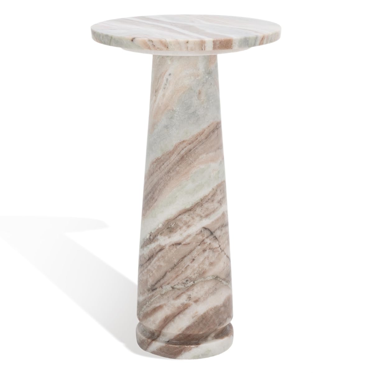 SAFAVIEH Furniture - Valentia Round Marble Accent Table - White & Brown - Marble Top - Glam Stone Pedestal Design - Ideal for Living Room, Bedroom, Entryway, 10"W x 10"D x 17.5"H (SFV9704B)