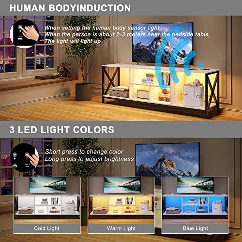 75 Inch TV Stand with LED Lights, Industrial Entertainment Center TV Console Table with Storage, LED TV Stands Cabinet with Charging Station for Living Room,Bedroom (White)