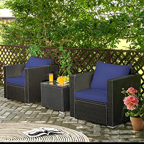 3 Pieces Patio Furniture Set, PE Rattan Wicker Sofa Set w/Washable Cushion and Tempered Glass Tabletop, Outdoor Conversation Furniture for Garden Poolside (Navy Blue)
