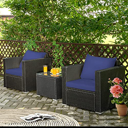 3 Pieces Patio Furniture Set, PE Rattan Wicker Sofa Set w/Washable Cushion and Tempered Glass Tabletop, Outdoor Conversation Furniture for Garden Poolside (Navy Blue)