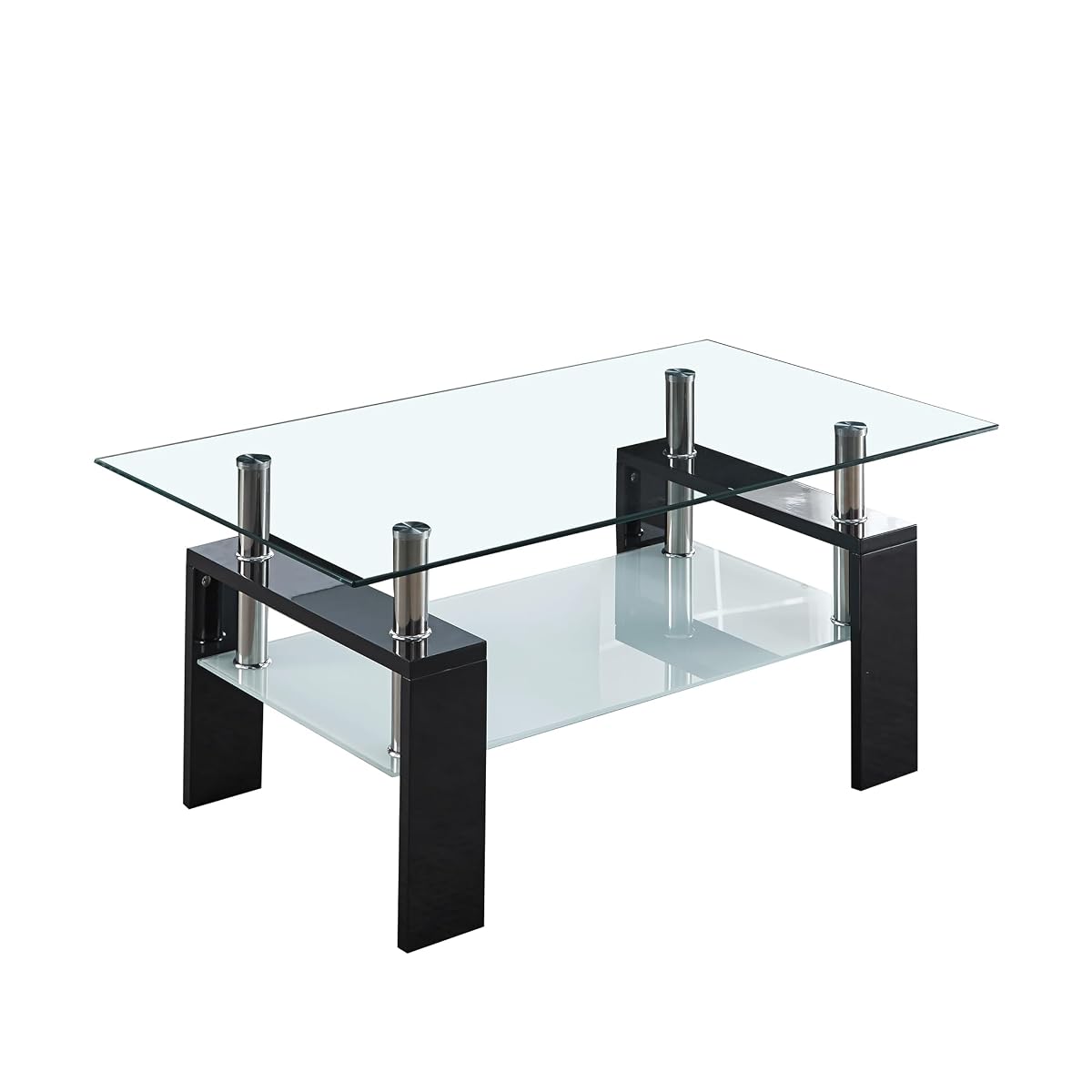 2-Tier Glass Coffee Table, Rectangle Center Table with Double-Layer Tempered Glass Storage Space and Black MDF Legs, Modern Living Room Table for Home Office, Waiting Room
