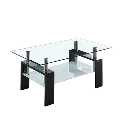 2-Tier Glass Coffee Table, Rectangle Center Table with Double-Layer Tempered Glass Storage Space and Black MDF Legs, Modern Living Room Table for Home Office, Waiting Room