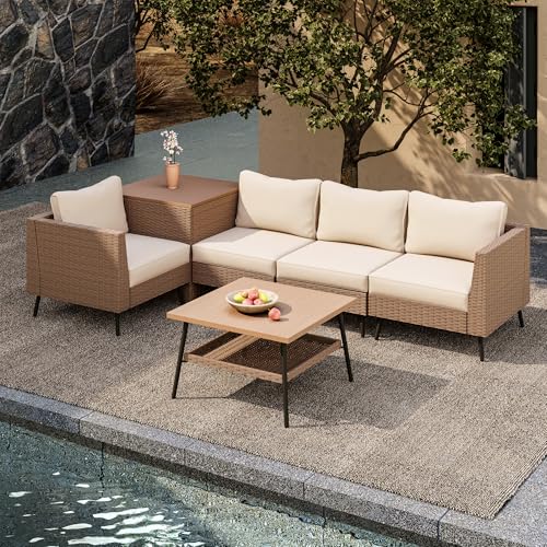 6 Pieces Outdoor Patio Furniture Sets, Rattan Conversation Sectional Set with Cushions and Storage Box, Patio Sofa with Outdoor Table