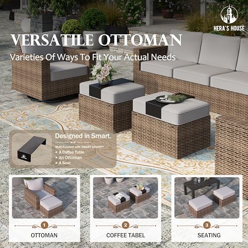 5-Piece Patio Furniture Set with Wide Arm, Grey | Outdoor Swivel Glide Chair +5.5” Washable Thick Cushions. All-Weather Yellow Wicker Conversation Sofa. for Deck Lawn &Garden