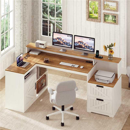 63" Farmhouse L Shaped Desk with Drawers and Printer Stand for Home Office, view 4