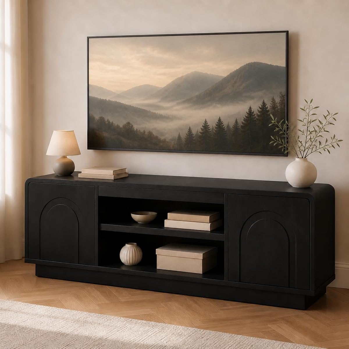 63" Mid Century Arched TV Stand with Storage, Black