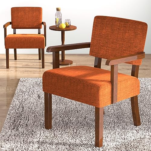 Accent Chair Set of 2 with Table, Upholstered Living Room Chairs with Wood Frame, Modern Oversized Reading Armchair for Bedroom Waiting Room (Orange)
