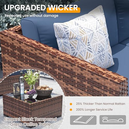 Patio Furniture Set with 44'' Fire Pit Table, 8 PCS Outdoor Sectional Furniture Sets, Slanted Back Outdoor Conversation Set PE Rattan Sofa for Porch W/Coffee Table, Blue