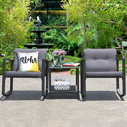 3 Pieces Patio Wicker Rocking Bistro Set, Outdoor Rocking Chair Furniture Set w/Cushioned Seat, Conversation Set w/Glass Coffee Table and Storage Shelf (Gray)