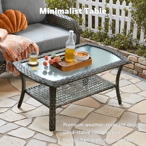 4-Piece Wicker Patio Furniture Set, All-Weather Rattan Conversation Bistro Loveseat Chair and Table Set for Backyard, Balcony and Deck with Soft Cushions and Metal Table(Dark Gray)