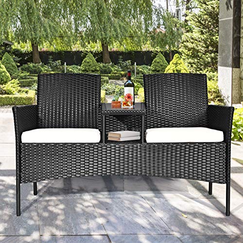 Wicker Patio Conversation Furniture Set, Outdoor Furniture Set with Removable Cushions & Table, Tempered Glass Top, Modern Rattan Bench for Garden Lawn Backyard (White)