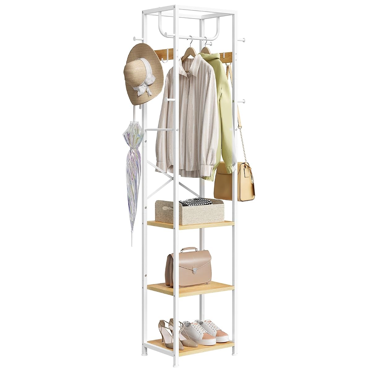 Coat Rack Freestanding, Hall Tree with 3 Shelves and 12 Hooks | Industrial Metal Frame, Space-Saving Design, Clothes Rack Stand Organizer for Bedroom, Hallway, Entryway, Office, Living Room