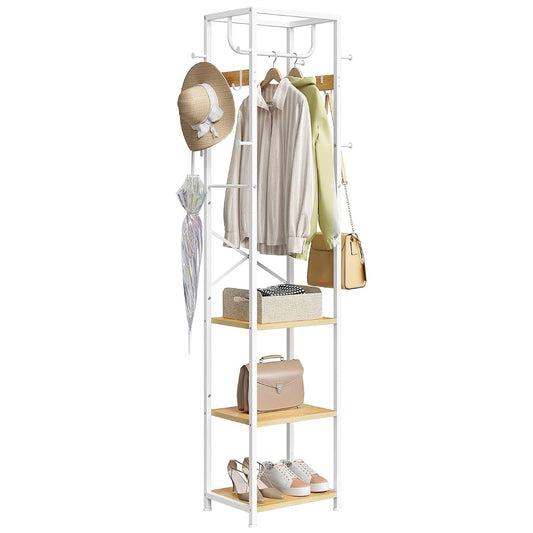 Coat Rack Freestanding, Hall Tree with 3 Shelves and 12 Hooks | Industrial Metal Frame, Space-Saving Design, Clothes Rack Stand Organizer for Bedroom, Hallway, Entryway, Office, Living Room