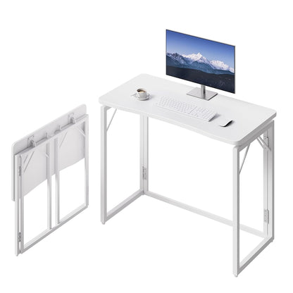 White Folding Desk - 31.5", No Assembly Small Foldable Desk for Home, Office, Wooden Top Folding Computer Desk for Working, Writing, Studying