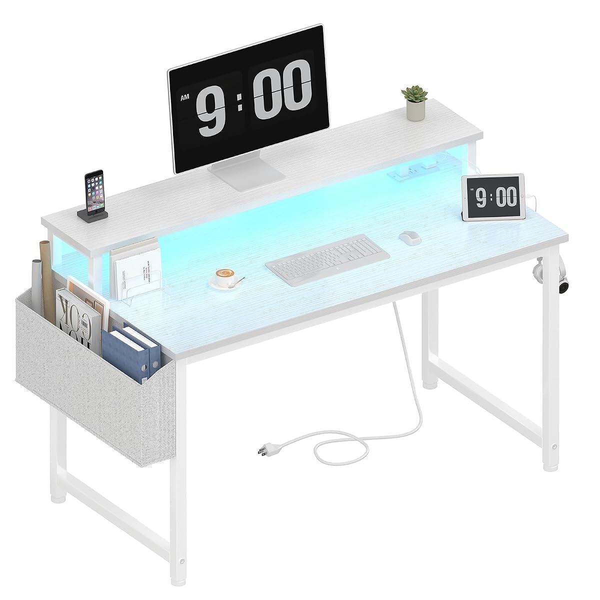 White Computer Desk with LED Lights and Power Outlets